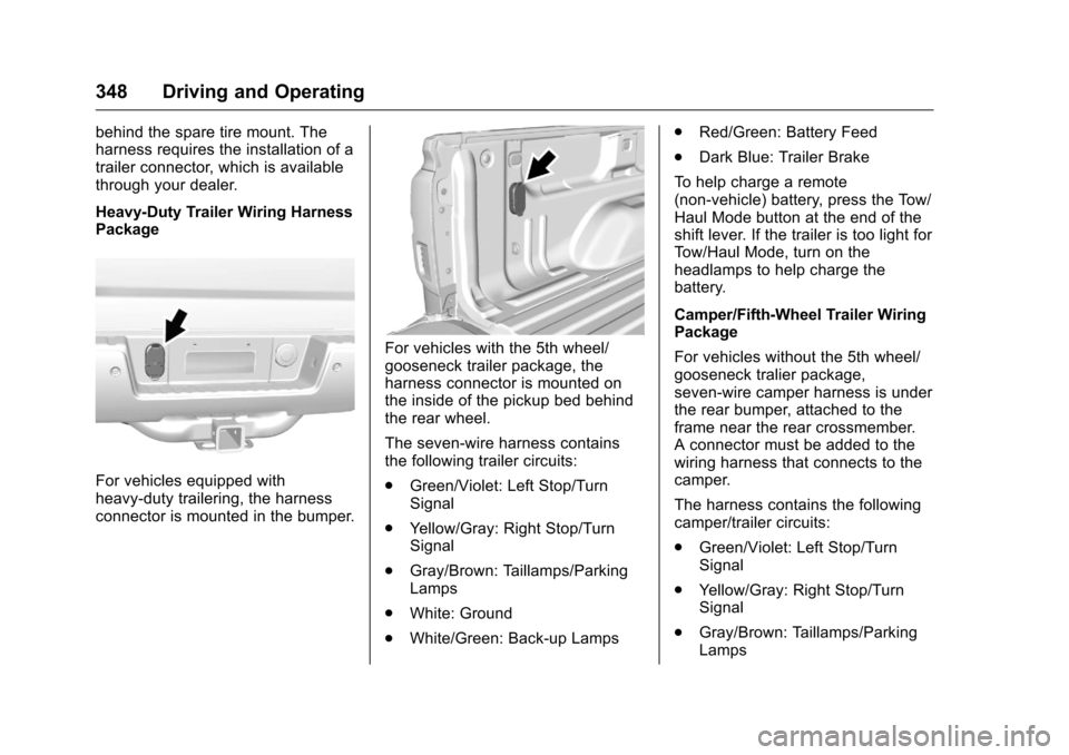 CHEVROLET SILVERADO 2016 3.G Owners Manual Chevrolet Silverado Owner Manual (GMNA-Localizing-U.S./Canada/Mexico-
9159338) - 2016 - crc - 10/27/15
348 Driving and Operating
behind the spare tire mount. The
harness requires the installation of a