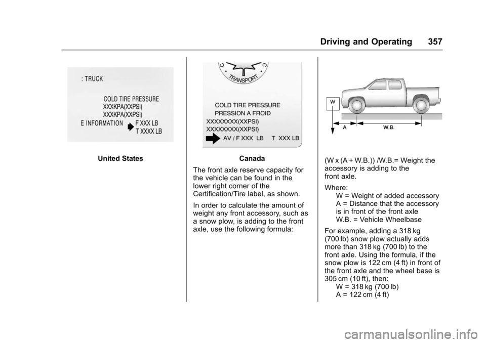 CHEVROLET SILVERADO 2016 3.G Owners Manual Chevrolet Silverado Owner Manual (GMNA-Localizing-U.S./Canada/Mexico-
9159338) - 2016 - crc - 10/27/15
Driving and Operating 357
United StatesCanada
The front axle reserve capacity for
the vehicle can