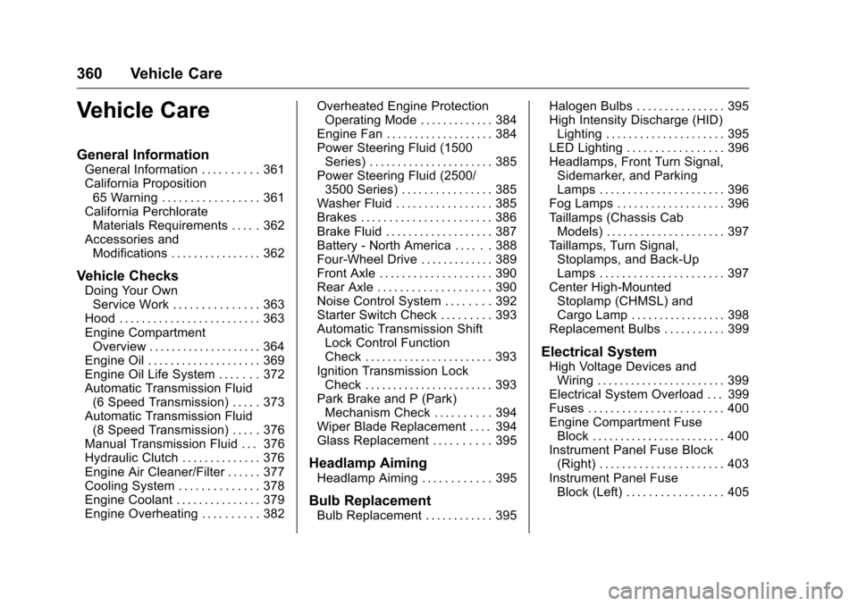 CHEVROLET SILVERADO 2016 3.G Owners Manual Chevrolet Silverado Owner Manual (GMNA-Localizing-U.S./Canada/Mexico-
9159338) - 2016 - crc - 10/21/15
360 Vehicle Care
Vehicle Care
General Information
General Information . . . . . . . . . . 361
Cal