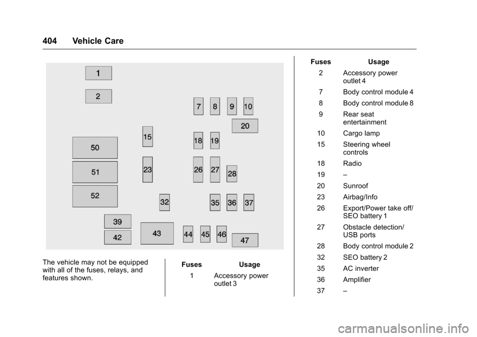 CHEVROLET SILVERADO 2016 3.G Owners Manual Chevrolet Silverado Owner Manual (GMNA-Localizing-U.S./Canada/Mexico-
9159338) - 2016 - crc - 10/21/15
404 Vehicle Care
The vehicle may not be equipped
with all of the fuses, relays, and
features show CHEVROLET SILVERADO 2016 3.G Owners Manual Chevrolet Silverado Owner Manual (GMNA-Localizing-U.S./Canada/Mexico-
9159338) - 2016 - crc - 10/21/15
404 Vehicle Care
The vehicle may not be equipped
with all of the fuses, relays, and
features show