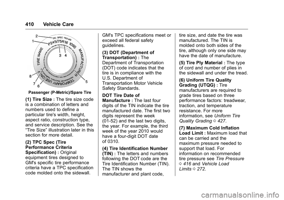 CHEVROLET SILVERADO 2016 3.G User Guide Chevrolet Silverado Owner Manual (GMNA-Localizing-U.S./Canada/Mexico-
9159338) - 2016 - crc - 10/21/15
410 Vehicle Care
Passenger (P-Metric)/Spare Tire
(1) Tire Size:The tire size code
is a combinatio