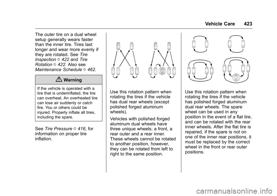 CHEVROLET SILVERADO 2016 3.G Owners Manual Chevrolet Silverado Owner Manual (GMNA-Localizing-U.S./Canada/Mexico-
9159338) - 2016 - crc - 10/21/15
Vehicle Care 423
The outer tire on a dual wheel
setup generally wears faster
than the inner tire.