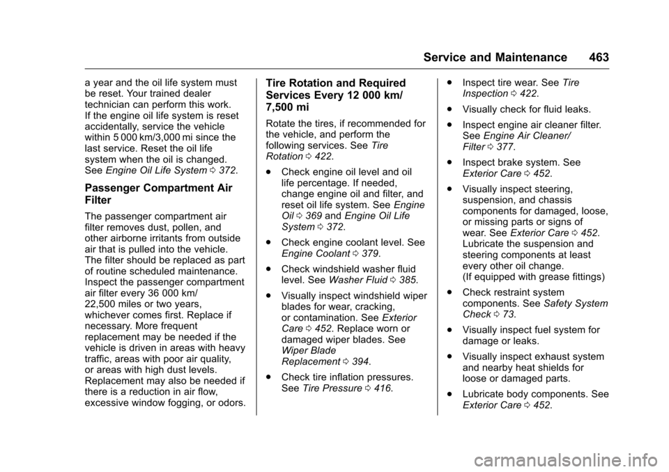 CHEVROLET SILVERADO 2016 3.G User Guide Chevrolet Silverado Owner Manual (GMNA-Localizing-U.S./Canada/Mexico-
9159338) - 2016 - crc - 10/21/15
Service and Maintenance 463
a year and the oil life system must
be reset. Your trained dealer
tec