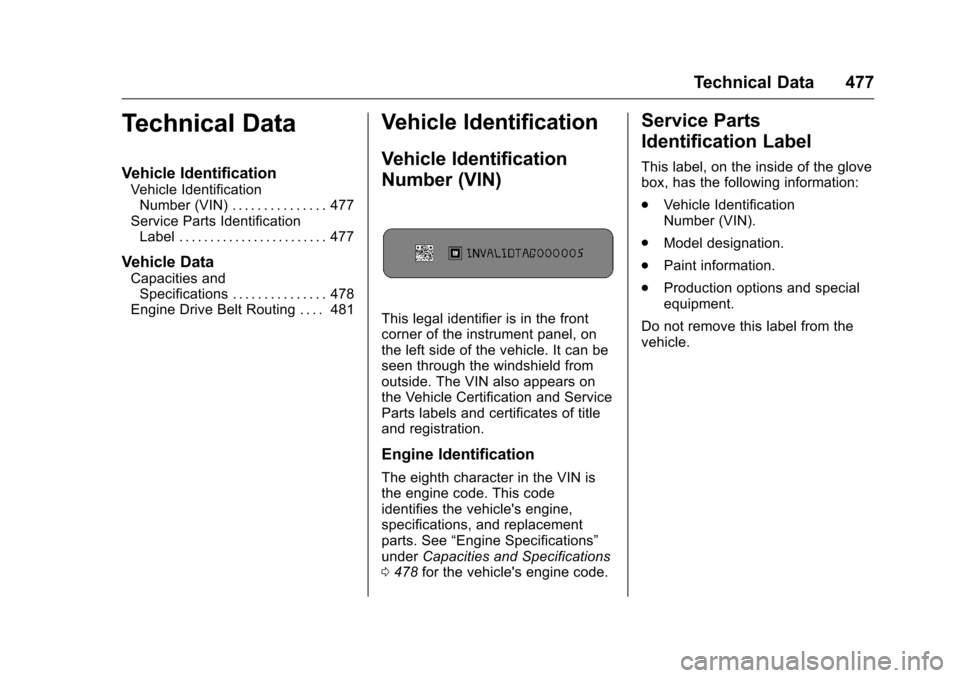 CHEVROLET SILVERADO 2016 3.G Owners Manual Chevrolet Silverado Owner Manual (GMNA-Localizing-U.S./Canada/Mexico-
9159338) - 2016 - crc - 10/21/15
Technical Data 477
Technical Data
Vehicle Identification
Vehicle IdentificationNumber (VIN) . . .