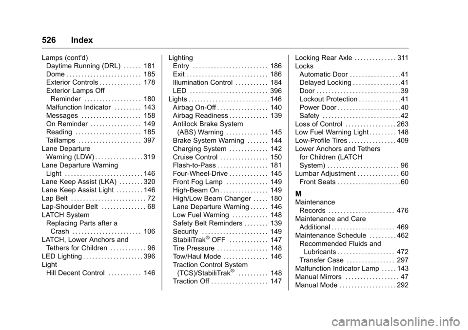 CHEVROLET SILVERADO 2016 3.G Workshop Manual Chevrolet Silverado Owner Manual (GMNA-Localizing-U.S./Canada/Mexico-
9159338) - 2016 - crc - 10/21/15
526 Index
Lamps (contd)Daytime Running (DRL) . . . . . . 181
Dome . . . . . . . . . . . . . . . 