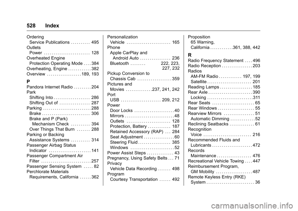 CHEVROLET SILVERADO 2016 3.G Workshop Manual Chevrolet Silverado Owner Manual (GMNA-Localizing-U.S./Canada/Mexico-
9159338) - 2016 - crc - 10/21/15
528 Index
OrderingService Publications . . . . . . . . . . 495
Outlets Power . . . . . . . . . . 