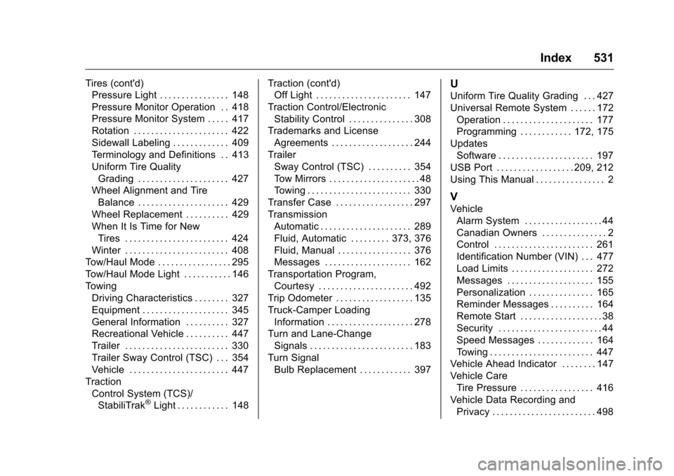 CHEVROLET SILVERADO 2016 3.G User Guide Chevrolet Silverado Owner Manual (GMNA-Localizing-U.S./Canada/Mexico-
9159338) - 2016 - crc - 10/21/15
Index 531
Tires (contd)Pressure Light . . . . . . . . . . . . . . . . 148
Pressure Monitor Opera