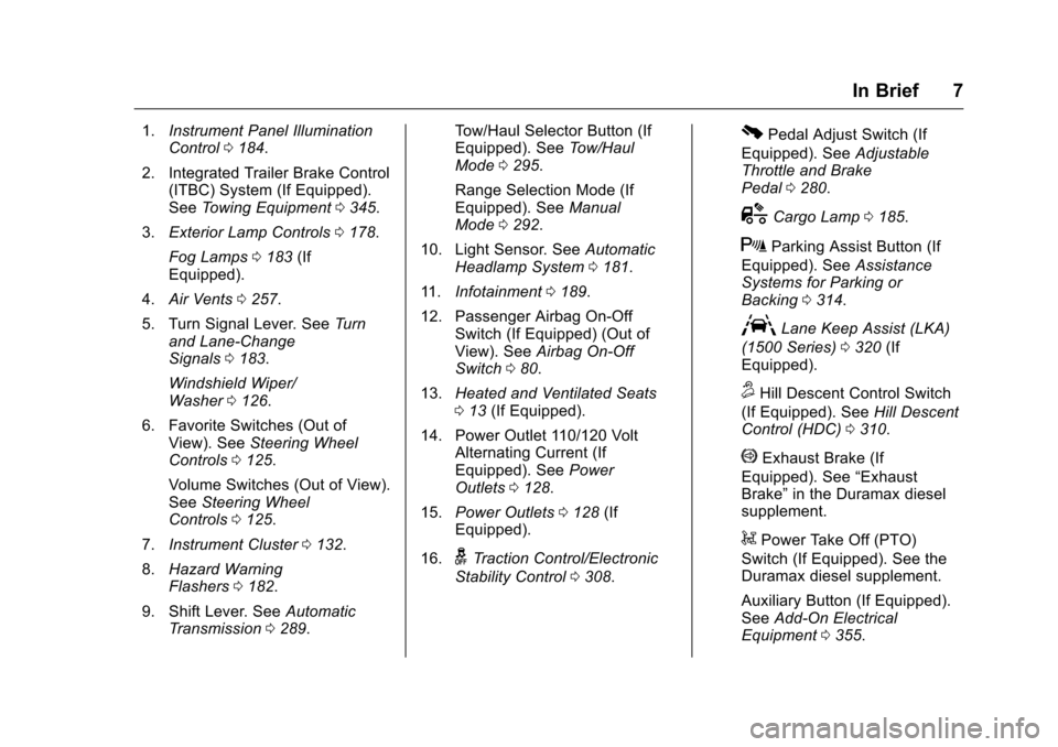 CHEVROLET SILVERADO 2016 3.G Owners Manual Chevrolet Silverado Owner Manual (GMNA-Localizing-U.S./Canada/Mexico-
9159338) - 2016 - crc - 10/21/15
In Brief 7
1.Instrument Panel Illumination
Control 0184.
2. Integrated Trailer Brake Control (ITB