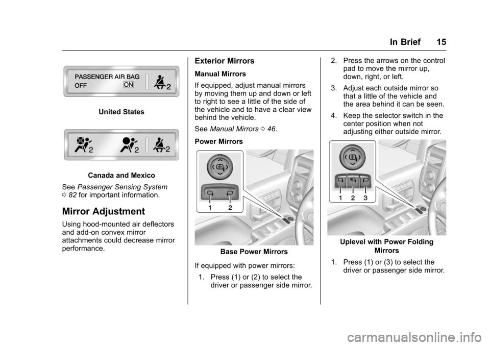 CHEVROLET SILVERADO 2017 3.G User Guide Chevrolet Silverado Owner Manual (GMNA-Localizing-U.S./Canada/Mexico-9956065) - 2017 - CRC - 4/29/16
In Brief 15
United States
Canada and Mexico
SeePassenger Sensing System082for important information CHEVROLET SILVERADO 2017 3.G User Guide Chevrolet Silverado Owner Manual (GMNA-Localizing-U.S./Canada/Mexico-9956065) - 2017 - CRC - 4/29/16
In Brief 15
United States
Canada and Mexico
SeePassenger Sensing System082for important information