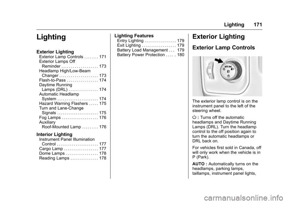 CHEVROLET SILVERADO 2017 3.G User Guide Chevrolet Silverado Owner Manual (GMNA-Localizing-U.S./Canada/Mexico-9956065) - 2017 - CRC - 4/29/16
Lighting 171
Lighting
Exterior Lighting
Exterior Lamp Controls . . . . . . . 171Exterior Lamps OffR