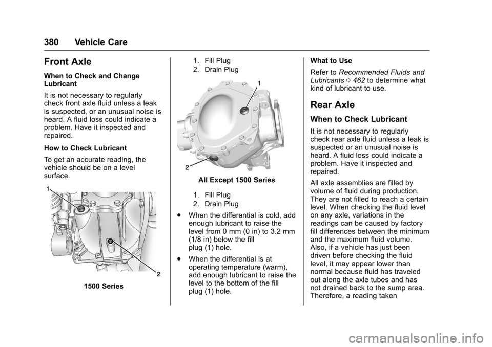 CHEVROLET SILVERADO 2017 3.G Owners Manual Chevrolet Silverado Owner Manual (GMNA-Localizing-U.S./Canada/Mexico-9956065) - 2017 - CRC - 4/29/16
380 Vehicle Care
Front Axle
When to Check and ChangeLubricant
It is not necessary to regularlycheck
