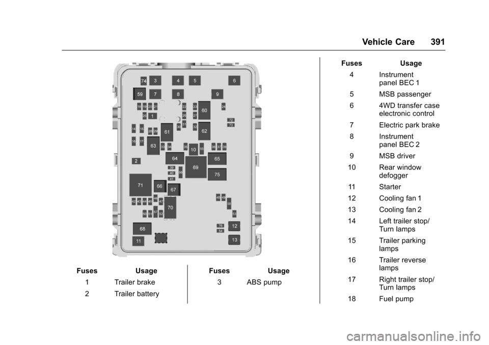 CHEVROLET SILVERADO 2017 3.G Owners Guide Chevrolet Silverado Owner Manual (GMNA-Localizing-U.S./Canada/Mexico-9956065) - 2017 - CRC - 4/29/16
Vehicle Care 391
FusesUsage
1Trailerbrake
2Trailerbattery
FusesUsage
3ABSpump
FusesUsage
4Instrumen