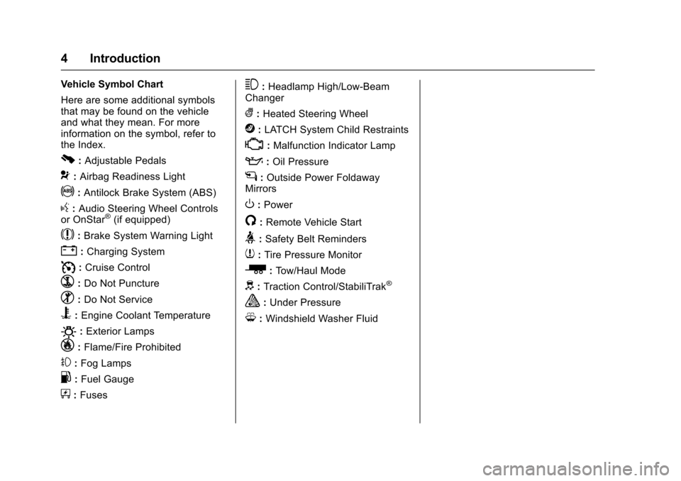 CHEVROLET SILVERADO 2017 3.G Owners Manual Chevrolet Silverado Owner Manual (GMNA-Localizing-U.S./Canada/Mexico-9956065) - 2017 - CRC - 4/29/16
4 Introduction
Vehicle Symbol Chart
Here are some additional symbolsthat may be found on the vehicl CHEVROLET SILVERADO 2017 3.G Owners Manual Chevrolet Silverado Owner Manual (GMNA-Localizing-U.S./Canada/Mexico-9956065) - 2017 - CRC - 4/29/16
4 Introduction
Vehicle Symbol Chart
Here are some additional symbolsthat may be found on the vehicl