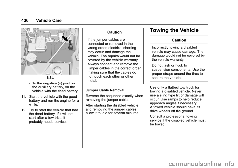 CHEVROLET SILVERADO 2017 3.G Service Manual Chevrolet Silverado Owner Manual (GMNA-Localizing-U.S./Canada/Mexico-9956065) - 2017 - CRC - 4/29/16
436 Vehicle Care
6.6L
⇣To t h e n e g a t i v e (✓)postonthe auxiliary battery, on thevehicle w