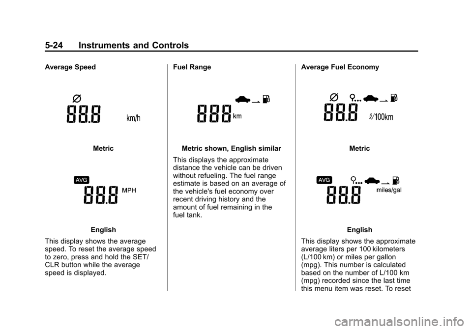 CHEVROLET SONIC 2012 2.G Owners Manual Black plate (24,1)Chevrolet Sonic Owner Manual - 2012
5-24 Instruments and Controls
Average Speed
Metric
English
This display shows the average
speed. To reset the average speed
to zero, press and hol CHEVROLET SONIC 2012 2.G Owners Manual Black plate (24,1)Chevrolet Sonic Owner Manual - 2012
5-24 Instruments and Controls
Average Speed
Metric
English
This display shows the average
speed. To reset the average speed
to zero, press and hol