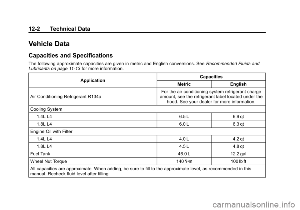 CHEVROLET SONIC 2012 2.G Owners Manual Black plate (2,1)Chevrolet Sonic Owner Manual - 2012
12-2 Technical Data
Vehicle Data
Capacities and Specifications
The following approximate capacities are given in metric and English conversions. Se