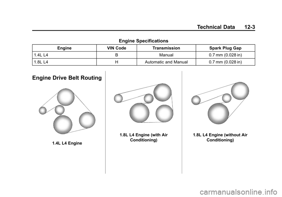 CHEVROLET SONIC 2012 2.G Owners Manual Black plate (3,1)Chevrolet Sonic Owner Manual - 2012
Technical Data 12-3
Engine Specifications
EngineVIN CodeTransmission Spark Plug Gap
1.4L L4 BManual 0.7 mm (0.028 in)
1.8L L4 HAutomatic and Manual