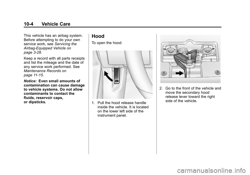 CHEVROLET SONIC 2013 2.G Owners Manual Black plate (4,1)Chevrolet Sonic Owner Manual - 2013 - 2nd PrintReady - 10/11/12
10-4 Vehicle Care
This vehicle has an airbag system.
Before attempting to do your own
service work, seeServicing the
Ai CHEVROLET SONIC 2013 2.G Owners Manual Black plate (4,1)Chevrolet Sonic Owner Manual - 2013 - 2nd PrintReady - 10/11/12
10-4 Vehicle Care
This vehicle has an airbag system.
Before attempting to do your own
service work, seeServicing the
Ai
