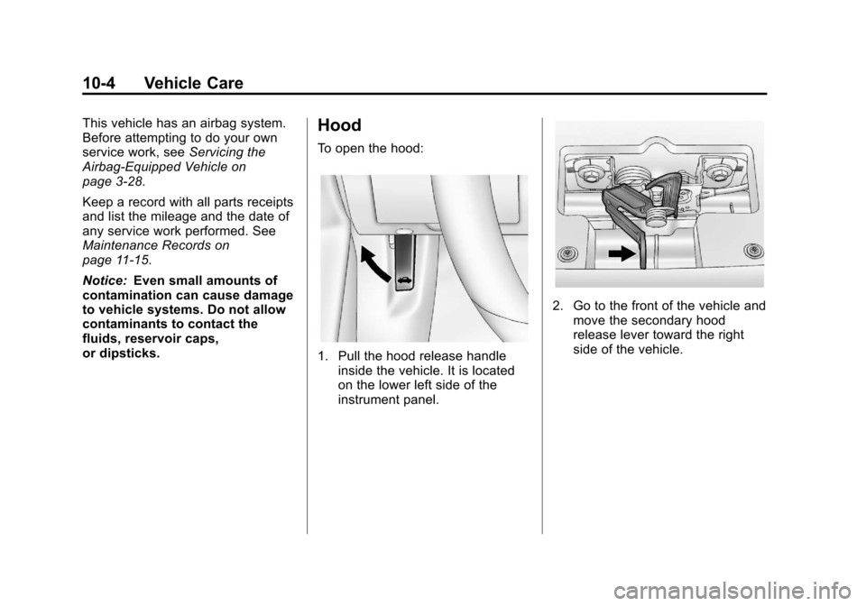 CHEVROLET SONIC 2013 2.G Owners Manual Black plate (4,1)Chevrolet Sonic Owner Manual - 2013 - 2nd PrintReady - 10/11/12
10-4 Vehicle Care
This vehicle has an airbag system.
Before attempting to do your own
service work, seeServicing the
Ai