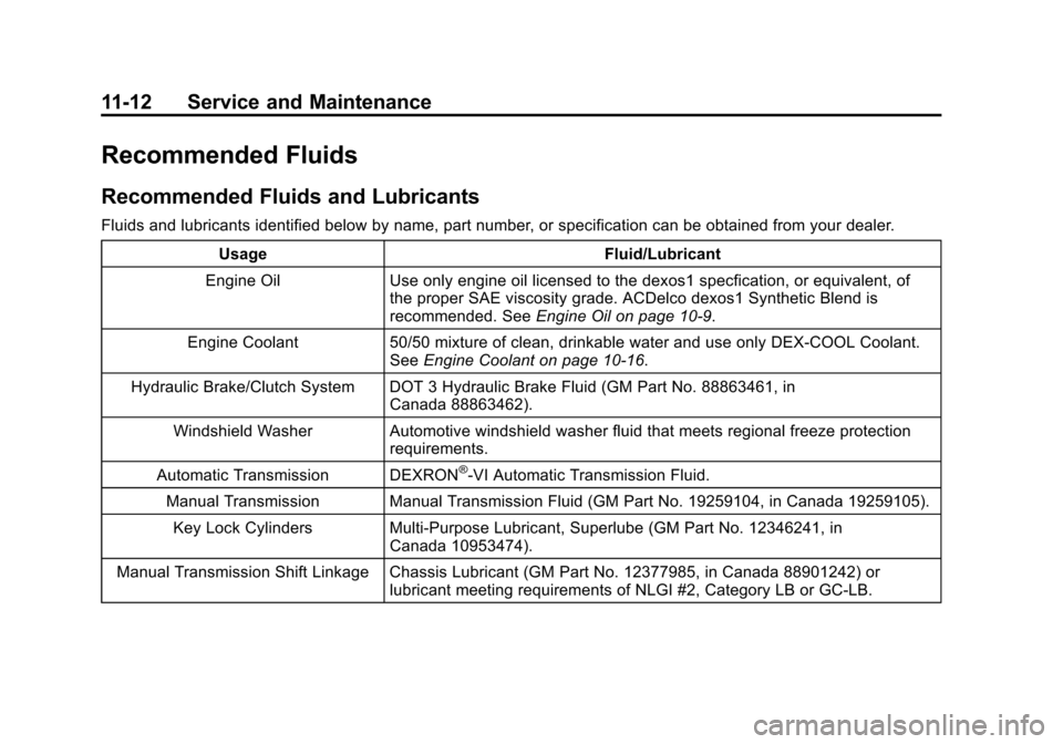 CHEVROLET SONIC 2013 2.G Owners Manual Black plate (12,1)Chevrolet Sonic Owner Manual - 2013 - 2nd PrintReady - 10/11/12
11-12 Service and Maintenance
Recommended Fluids
Recommended Fluids and Lubricants
Fluids and lubricants identified be CHEVROLET SONIC 2013 2.G Owners Manual Black plate (12,1)Chevrolet Sonic Owner Manual - 2013 - 2nd PrintReady - 10/11/12
11-12 Service and Maintenance
Recommended Fluids
Recommended Fluids and Lubricants
Fluids and lubricants identified be