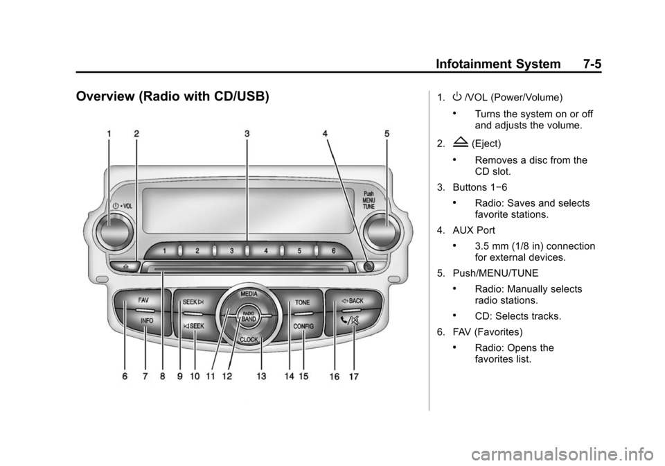 CHEVROLET SONIC 2014 2.G Owners Manual Black plate (5,1)Chevrolet Sonic Owner Manual (GMNA-Localizing-U.S./Canada-6081473) -
2014 - 2nd Edition - 8/19/13
Infotainment System 7-5
Overview (Radio with CD/USB)1.O/VOL (Power/Volume)
.Turns the