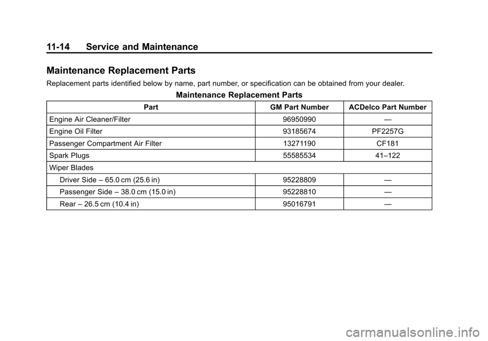 CHEVROLET SONIC 2014 2.G Owners Manual Black plate (14,1)Chevrolet Sonic Owner Manual (GMNA-Localizing-U.S./Canada-6081473) -
2014 - 2nd Edition - 8/19/13
11-14 Service and Maintenance
Maintenance Replacement Parts
Replacement parts identi