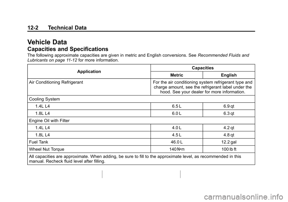 CHEVROLET SONIC 2014 2.G Owners Manual Black plate (2,1)Chevrolet Sonic Owner Manual (GMNA-Localizing-U.S./Canada-6081473) -
2014 - 2nd Edition - 8/19/13
12-2 Technical Data
Vehicle Data
Capacities and Specifications
The following approxim