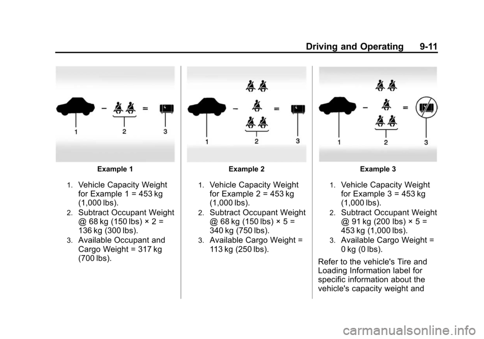 CHEVROLET SONIC 2015 2.G Owners Manual Black plate (11,1)Chevrolet Sonic Owner Manual (GMNA-Localizing-U.S./Canada-7707487) -
2015 - crc - 10/31/14
Driving and Operating 9-11
Example 1
1.Vehicle Capacity Weight
for Example 1 = 453 kg
(1,00