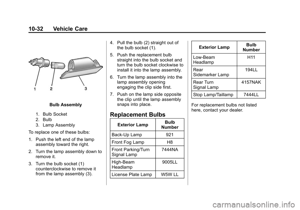 CHEVROLET SONIC 2015 2.G Owners Manual Black plate (32,1)Chevrolet Sonic Owner Manual (GMNA-Localizing-U.S./Canada-7707487) -
2015 - crc - 10/31/14
10-32 Vehicle Care
Bulb Assembly
1. Bulb Socket
2. Bulb
3. Lamp Assembly
To replace one of CHEVROLET SONIC 2015 2.G Owners Manual Black plate (32,1)Chevrolet Sonic Owner Manual (GMNA-Localizing-U.S./Canada-7707487) -
2015 - crc - 10/31/14
10-32 Vehicle Care
Bulb Assembly
1. Bulb Socket
2. Bulb
3. Lamp Assembly
To replace one of