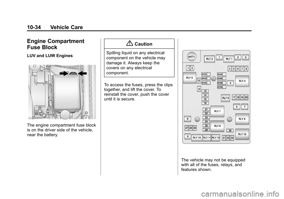 CHEVROLET SONIC 2015 2.G Owners Manual Black plate (34,1)Chevrolet Sonic Owner Manual (GMNA-Localizing-U.S./Canada-7707487) -
2015 - crc - 10/31/14
10-34 Vehicle Care
Engine Compartment
Fuse Block
LUV and LUW Engines
The engine compartment