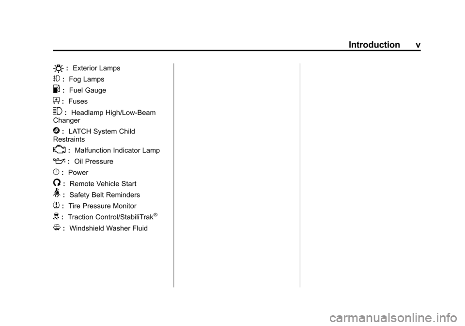 CHEVROLET SONIC 2015 2.G Owners Manual Black plate (5,1)Chevrolet Sonic Owner Manual (GMNA-Localizing-U.S./Canada-7707487) -
2015 - crc - 10/31/14
Introduction v
O:Exterior Lamps
#:Fog Lamps
.: Fuel Gauge
+:Fuses
3: Headlamp High/Low-Beam
