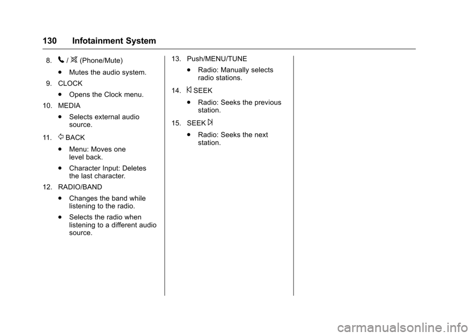 CHEVROLET SONIC 2016 2.G Owners Manual Chevrolet Sonic Owner Manual (GMNA-Localizing-U.S/Canada-9085902) -
2016 - CRC - 5/27/15
130 Infotainment System
8.5/>(Phone/Mute)
. Mutes the audio system.
9. CLOCK .Opens the Clock menu.
10. MEDIA .