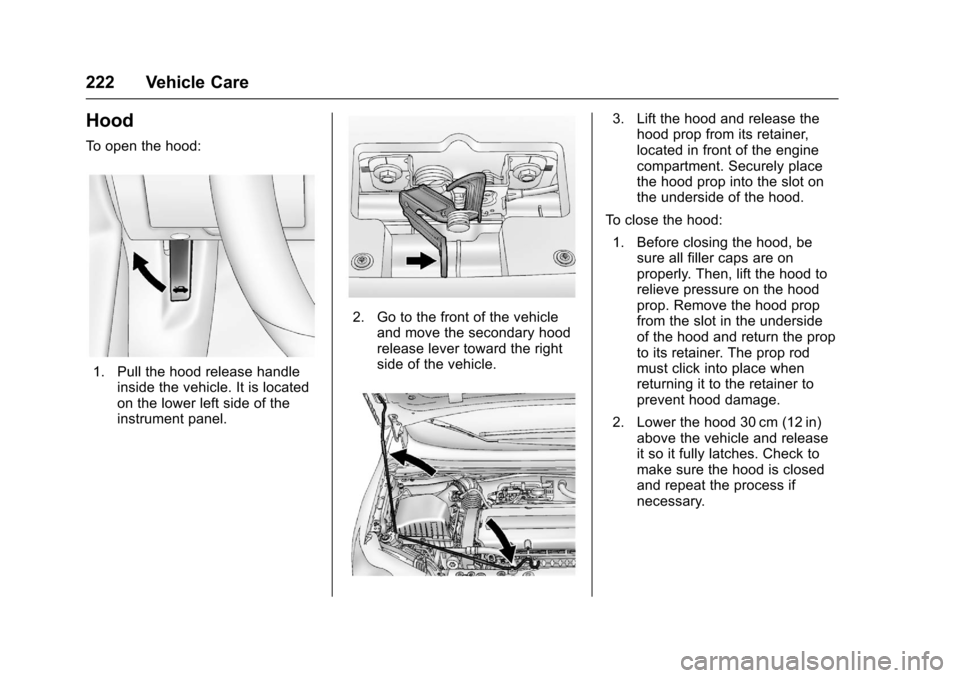 CHEVROLET SONIC 2016 2.G Owners Manual Chevrolet Sonic Owner Manual (GMNA-Localizing-U.S/Canada-9085902) -
2016 - CRC - 5/27/15
222 Vehicle Care
Hood
To open the hood:
1. Pull the hood release handleinside the vehicle. It is located
on the CHEVROLET SONIC 2016 2.G Owners Manual Chevrolet Sonic Owner Manual (GMNA-Localizing-U.S/Canada-9085902) -
2016 - CRC - 5/27/15
222 Vehicle Care
Hood
To open the hood:
1. Pull the hood release handleinside the vehicle. It is located
on the