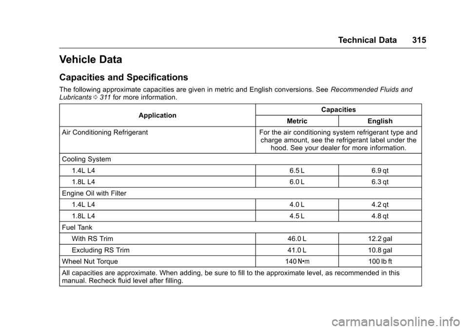 CHEVROLET SONIC 2016 2.G Owners Manual Chevrolet Sonic Owner Manual (GMNA-Localizing-U.S/Canada-9085902) -
2016 - CRC - 5/27/15
Technical Data 315
Vehicle Data
Capacities and Specifications
The following approximate capacities are given in