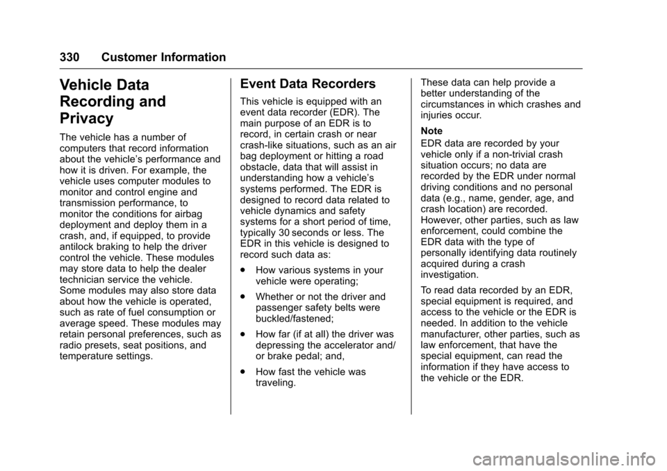 CHEVROLET SONIC 2016 2.G Owners Manual Chevrolet Sonic Owner Manual (GMNA-Localizing-U.S/Canada-9085902) -
2016 - CRC - 5/27/15
330 Customer Information
Vehicle Data
Recording and
Privacy
The vehicle has a number of
computers that record i CHEVROLET SONIC 2016 2.G Owners Manual Chevrolet Sonic Owner Manual (GMNA-Localizing-U.S/Canada-9085902) -
2016 - CRC - 5/27/15
330 Customer Information
Vehicle Data
Recording and
Privacy
The vehicle has a number of
computers that record i