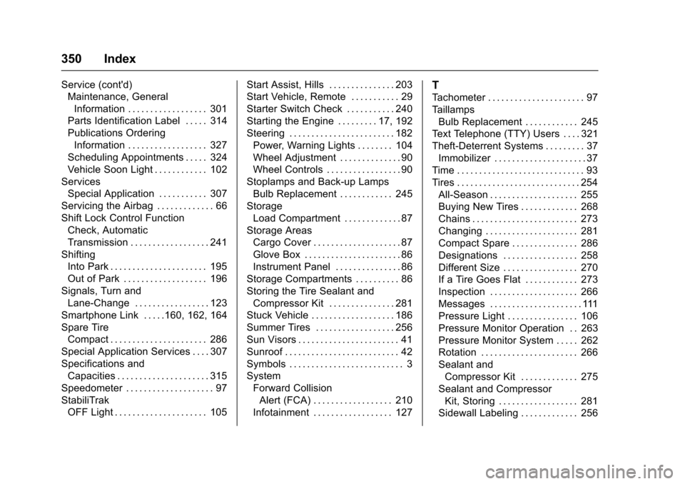 CHEVROLET SONIC 2016 2.G Owners Manual Chevrolet Sonic Owner Manual (GMNA-Localizing-U.S/Canada-9085902) -
2016 - CRC - 5/27/15
350 Index
Service (contd)Maintenance, General
Information . . . . . . . . . . . . . . . . . . 301
Parts Identi