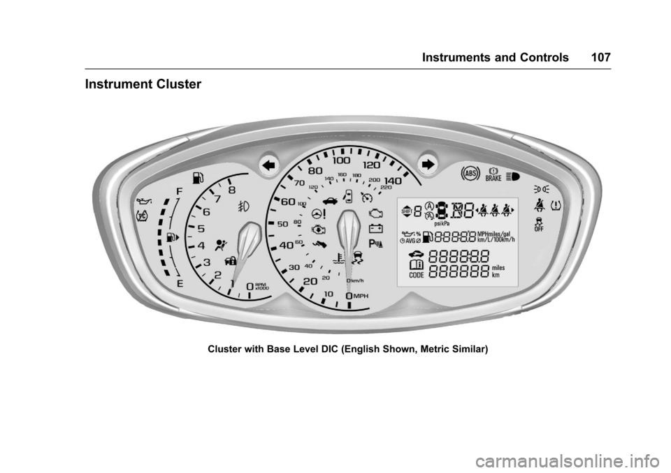 CHEVROLET SONIC 2017 2.G Owners Manual Chevrolet Sonic Owner Manual (GMNA-Localizing-U.S./Canada-10122660) -2017 - crc - 5/13/16
Instruments and Controls 107
Instrument Cluster
Cluster with Base Level DIC (English Shown, Metric Similar) 