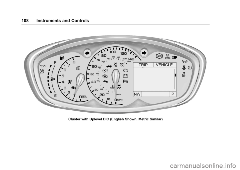 CHEVROLET SONIC 2017 2.G Owners Manual Chevrolet Sonic Owner Manual (GMNA-Localizing-U.S./Canada-10122660) -2017 - crc - 5/13/16
108 Instruments and Controls
Cluster with Uplevel DIC (English Shown, Metric Similar) CHEVROLET SONIC 2017 2.G Owners Manual Chevrolet Sonic Owner Manual (GMNA-Localizing-U.S./Canada-10122660) -2017 - crc - 5/13/16
108 Instruments and Controls
Cluster with Uplevel DIC (English Shown, Metric Similar)
