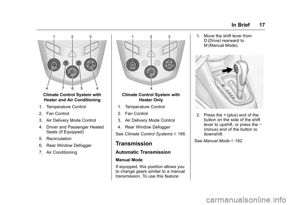 CHEVROLET SONIC 2017 2.G Owners Manual Chevrolet Sonic Owner Manual (GMNA-Localizing-U.S./Canada-10122660) -2017 - crc - 5/13/16
In Brief 17
Climate Control System with
Heater and Air Conditioning
1. Temperature Control
2. Fan Control
3. A