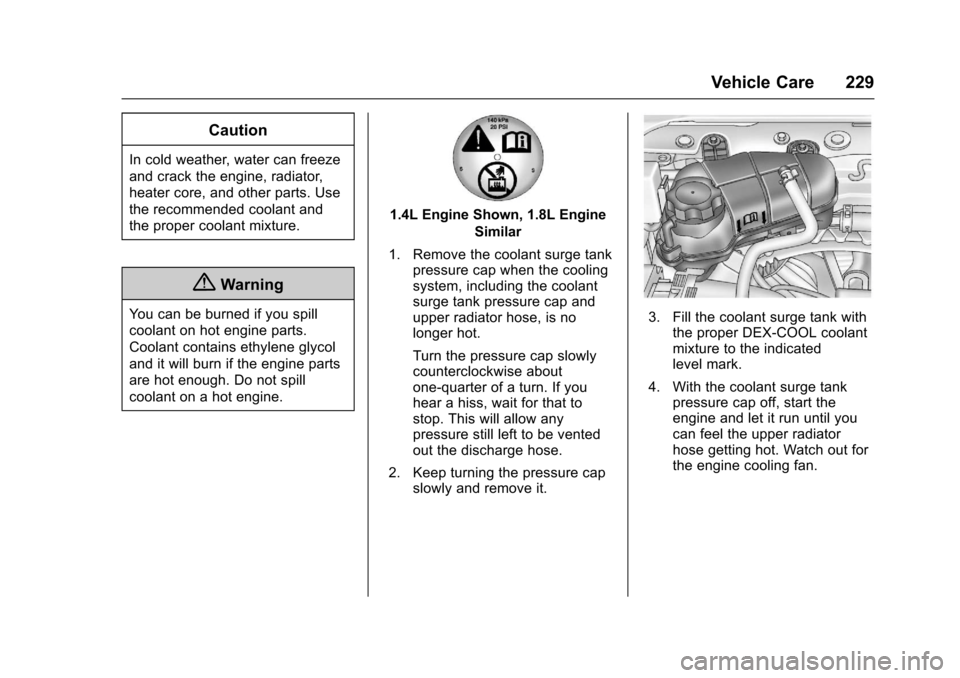 CHEVROLET SONIC 2017 2.G Owners Manual Chevrolet Sonic Owner Manual (GMNA-Localizing-U.S./Canada-10122660) -2017 - crc - 5/13/16
Vehicle Care 229
Caution
In cold weather, water can freeze
and crack the engine, radiator,
heater core, and ot CHEVROLET SONIC 2017 2.G Owners Manual Chevrolet Sonic Owner Manual (GMNA-Localizing-U.S./Canada-10122660) -2017 - crc - 5/13/16
Vehicle Care 229
Caution
In cold weather, water can freeze
and crack the engine, radiator,
heater core, and ot