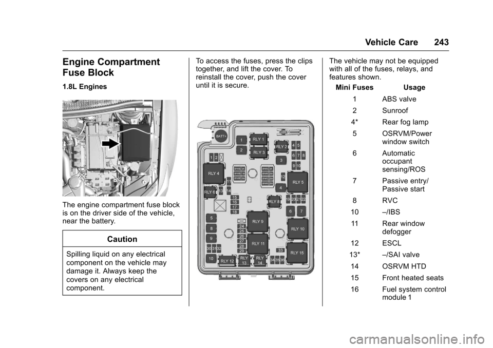 CHEVROLET SONIC 2017 2.G Owners Manual Chevrolet Sonic Owner Manual (GMNA-Localizing-U.S./Canada-10122660) -2017 - crc - 5/13/16
Vehicle Care 243
Engine Compartment
Fuse Block
1.8L Engines
The engine compartment fuse blockis on the driver 