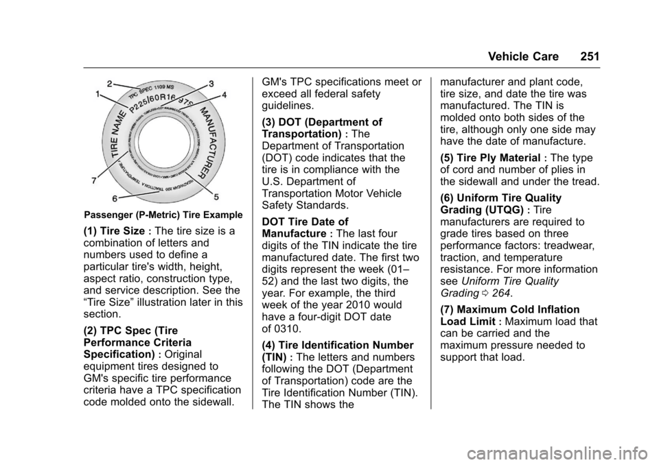 CHEVROLET SONIC 2017 2.G Owners Manual Chevrolet Sonic Owner Manual (GMNA-Localizing-U.S./Canada-10122660) -2017 - crc - 5/13/16
Vehicle Care 251
Passenger (P-Metric) Tire Example
(1) Tire Size:The tire size is a
combination of letters and