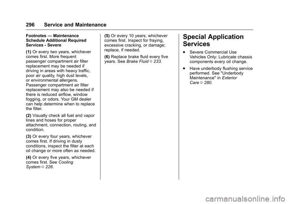 CHEVROLET SONIC 2017 2.G Owners Manual Chevrolet Sonic Owner Manual (GMNA-Localizing-U.S./Canada-10122660) -2017 - crc - 5/13/16
296 Service and Maintenance
Footnotes—MaintenanceSchedule Additional RequiredServices - Severe
(1)Or every t CHEVROLET SONIC 2017 2.G Owners Manual Chevrolet Sonic Owner Manual (GMNA-Localizing-U.S./Canada-10122660) -2017 - crc - 5/13/16
296 Service and Maintenance
Footnotes—MaintenanceSchedule Additional RequiredServices - Severe
(1)Or every t