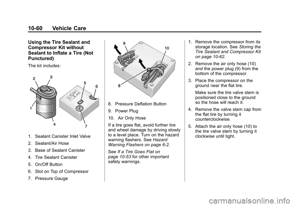 CHEVROLET SPARK 2013 3.G Owners Manual Black plate (60,1)Chevrolet Spark Owner Manual - 2013 - crc - 9/11/12
10-60 Vehicle Care
Using the Tire Sealant and
Compressor Kit without
Sealant to Inflate a Tire (Not
Punctured)
The kit includes:
1