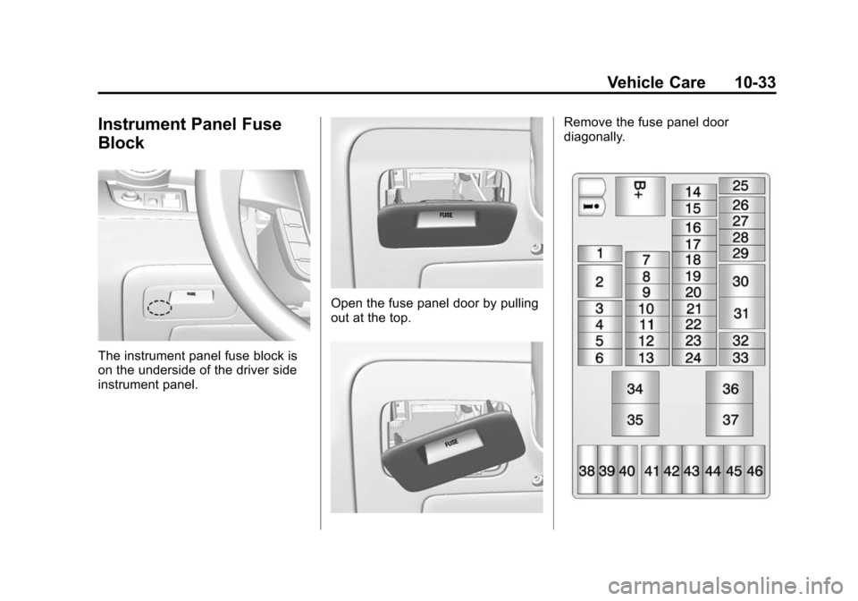 CHEVROLET SPARK 2014 3.G Owners Manual Black plate (33,1)Chevrolet Spark Owner Manual (GMNA-Localizing-U.S./Canada-5853490) -
2014 - crc - 9/3/13
Vehicle Care 10-33
Instrument Panel Fuse
Block
The instrument panel fuse block is
on the unde CHEVROLET SPARK 2014 3.G Owners Manual Black plate (33,1)Chevrolet Spark Owner Manual (GMNA-Localizing-U.S./Canada-5853490) -
2014 - crc - 9/3/13
Vehicle Care 10-33
Instrument Panel Fuse
Block
The instrument panel fuse block is
on the unde
