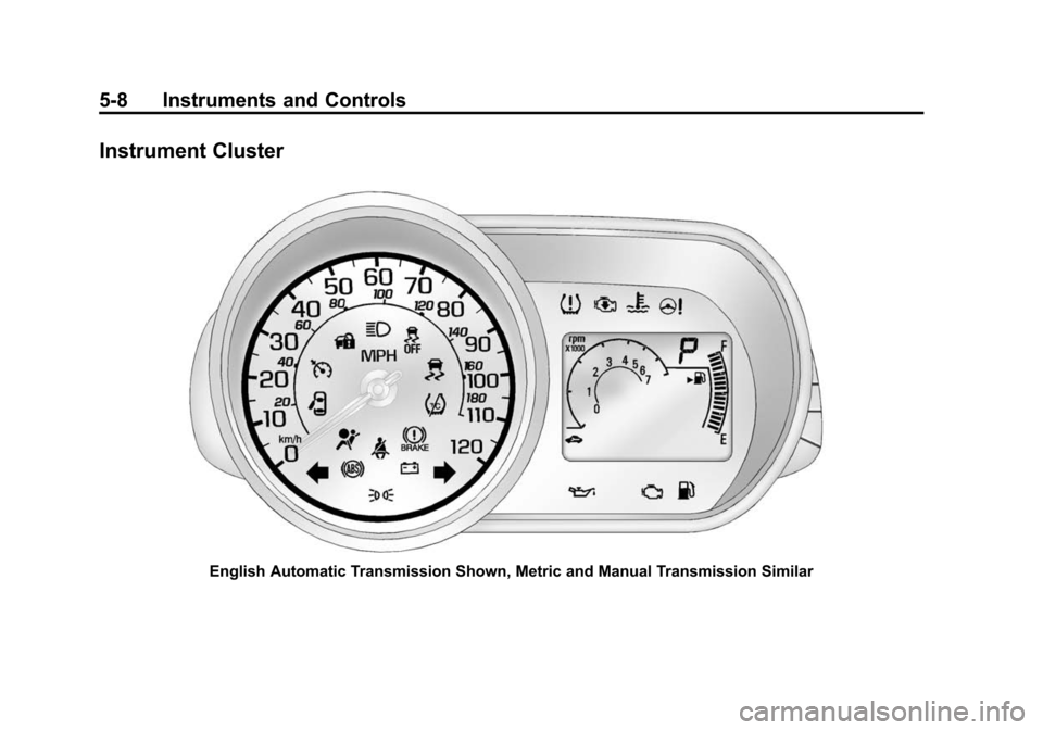 CHEVROLET SPARK 2015 3.G Owners Manual Black plate (8,1)Chevrolet Spark Owner Manual (GMNA-Localizing-U.S./Canada-7707489) -
2015 - CRC - 11/19/14
5-8 Instruments and Controls
Instrument Cluster
English Automatic Transmission Shown, Metric