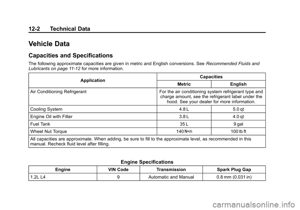 CHEVROLET SPARK 2015 3.G Owners Manual Black plate (2,1)Chevrolet Spark Owner Manual (GMNA-Localizing-U.S./Canada-7707489) -
2015 - CRC - 11/19/14
12-2 Technical Data
Vehicle Data
Capacities and Specifications
The following approximate cap CHEVROLET SPARK 2015 3.G Owners Manual Black plate (2,1)Chevrolet Spark Owner Manual (GMNA-Localizing-U.S./Canada-7707489) -
2015 - CRC - 11/19/14
12-2 Technical Data
Vehicle Data
Capacities and Specifications
The following approximate cap
