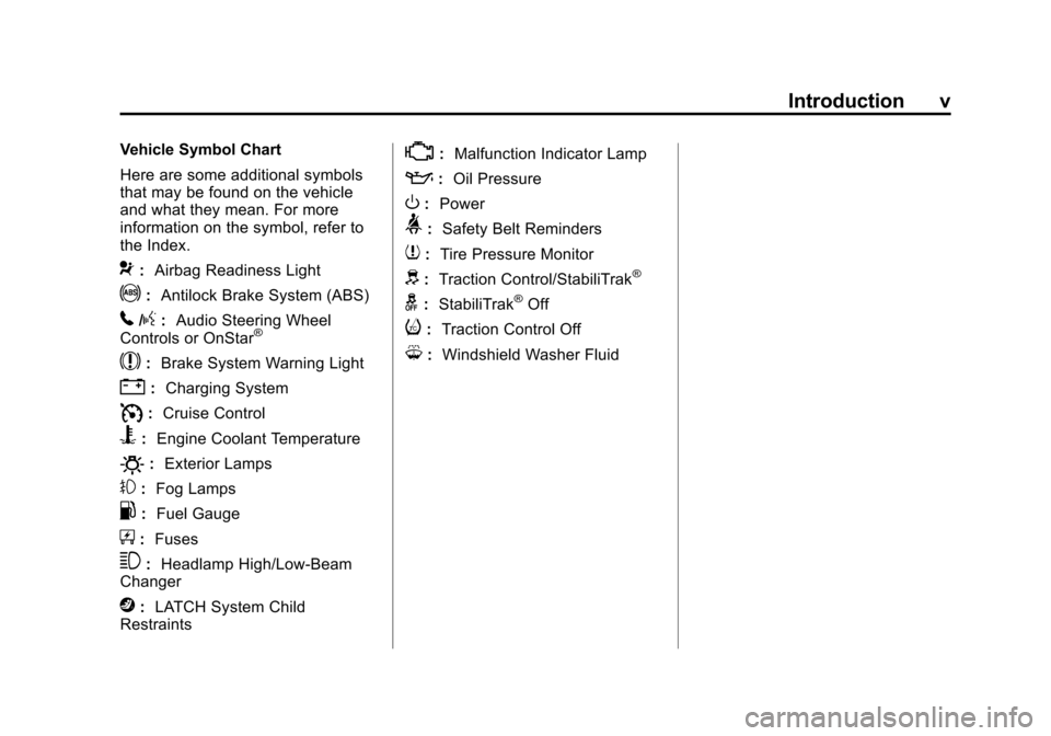 CHEVROLET SPARK 2015 3.G Owners Manual Black plate (5,1)Chevrolet Spark Owner Manual (GMNA-Localizing-U.S./Canada-7707489) -
2015 - CRC - 11/19/14
Introduction v
Vehicle Symbol Chart
Here are some additional symbols
that may be found on th