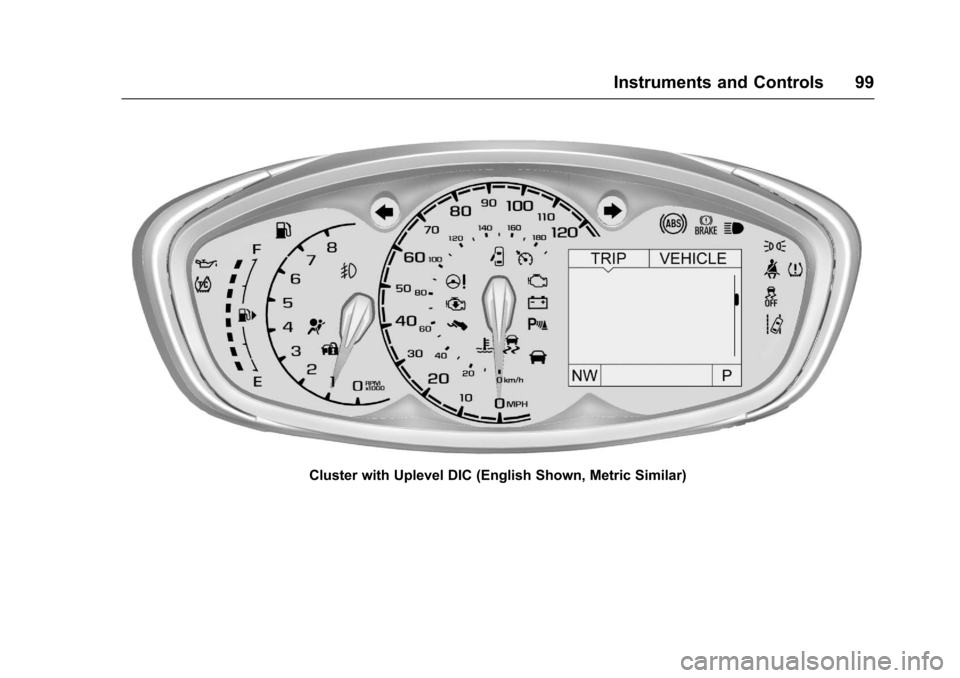 CHEVROLET SPARK 2017 4.G Owners Manual Chevrolet Spark Owner Manual (GMNA-Localizing-U.S./Canada-9956101) -
2017 - crc - 4/25/16
Instruments and Controls 99
Cluster with Uplevel DIC (English Shown, Metric Similar) CHEVROLET SPARK 2017 4.G Owners Manual Chevrolet Spark Owner Manual (GMNA-Localizing-U.S./Canada-9956101) -
2017 - crc - 4/25/16
Instruments and Controls 99
Cluster with Uplevel DIC (English Shown, Metric Similar)