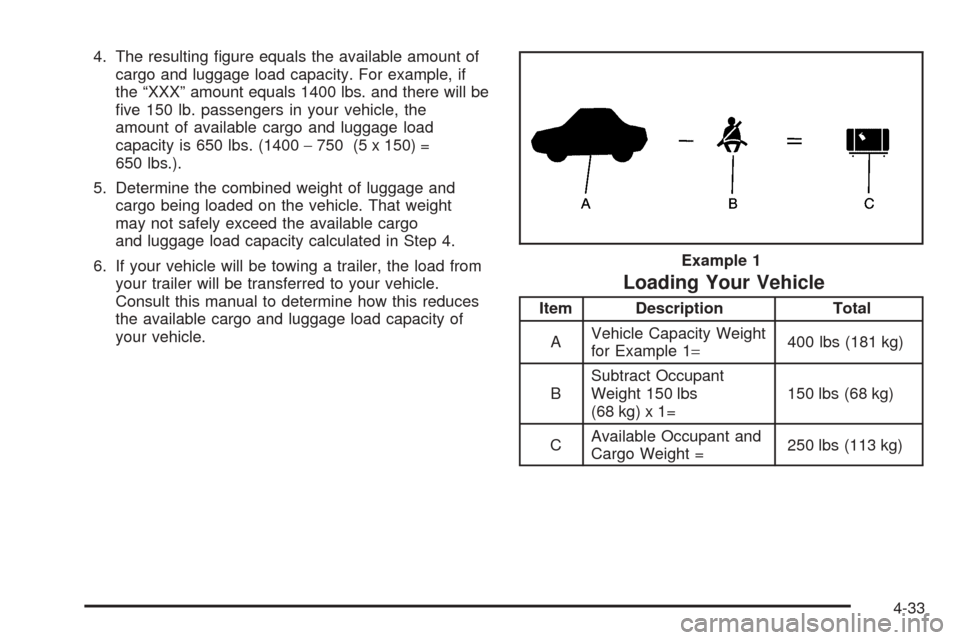 CHEVROLET SSR 2003 1.G Owners Manual 4. The resulting �gure equals the available amount of
cargo and luggage load capacity. For example, if
the “XXX” amount equals 1400 lbs. and there will be
�ve 150 lb. passengers in your vehicle, t